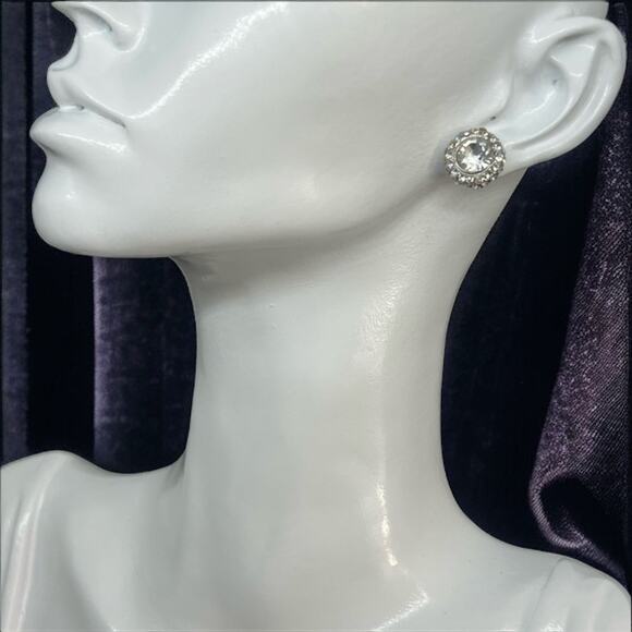 Prom Wedding Jeweled Silver Statement Stud Earrings, 0.5" x 0.5" - Picture 1 of 7